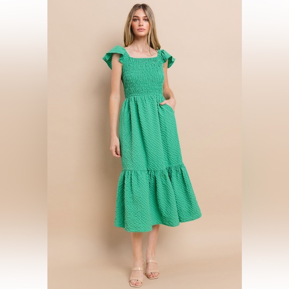 19 Boho Smocked Tiered Ruffle Midi Dress - Picture 3 of 5